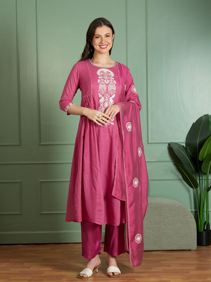 Solid Threadwork Embroidered A-Line Kurta with Pant & Dupatta - Pink