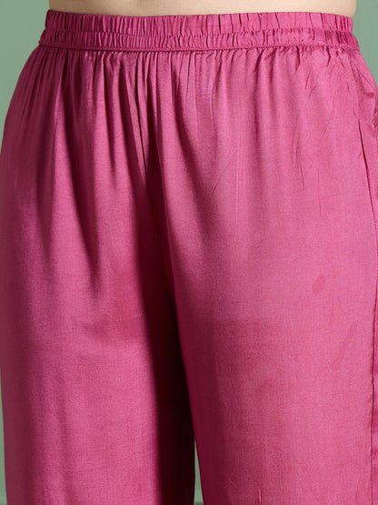 Solid Threadwork Embroidered A-Line Kurta with Pant & Dupatta - Pink