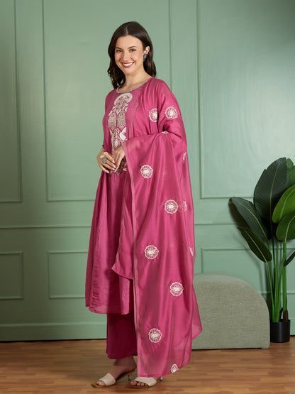 Solid Threadwork Embroidered A-Line Kurta with Pant & Dupatta - Pink
