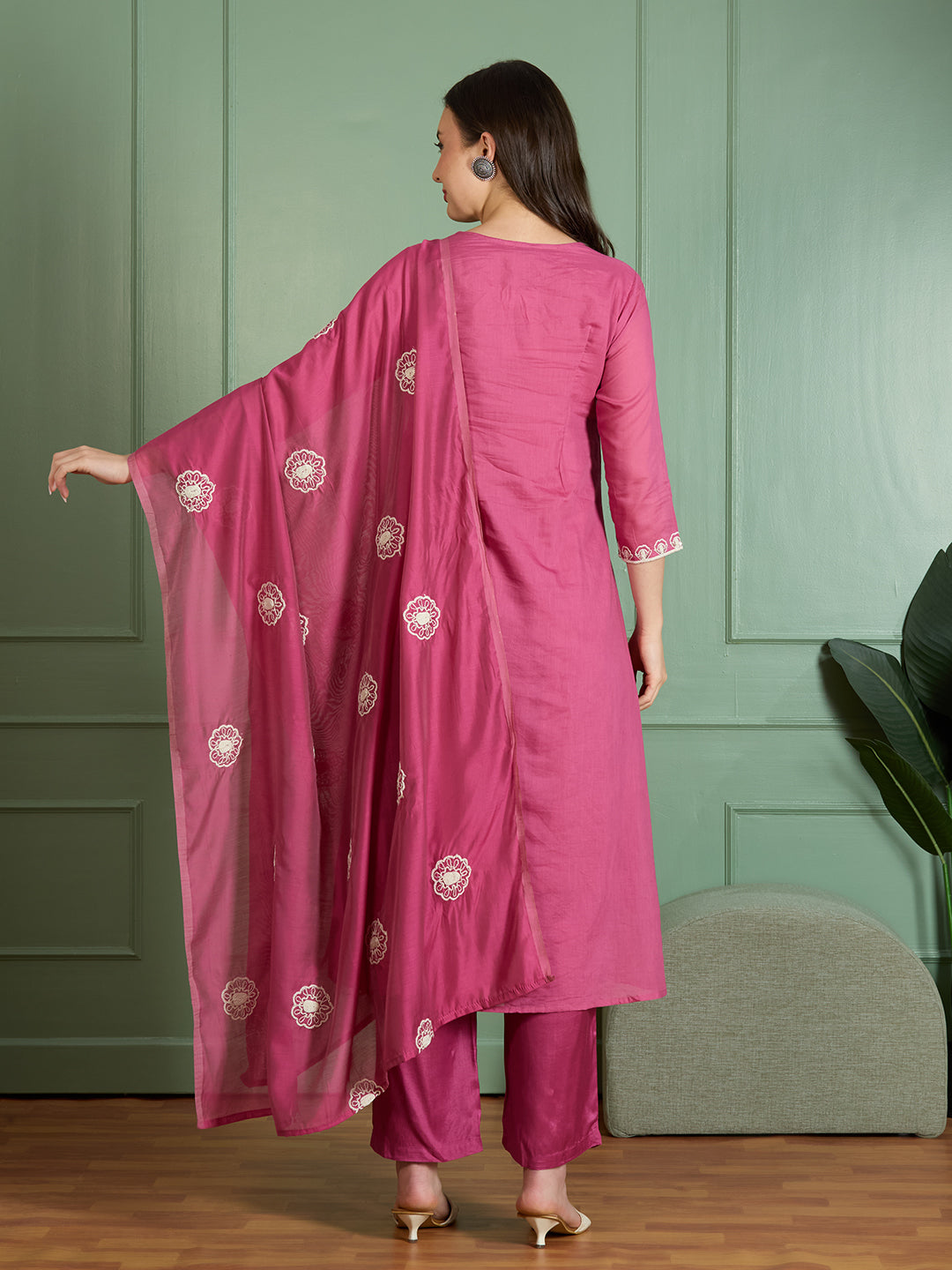 Solid Threadwork Embroidered A-Line Kurta with Pant & Dupatta - Pink