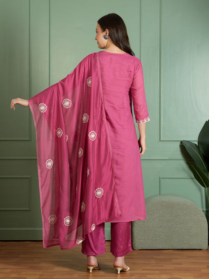 Solid Threadwork Embroidered A-Line Kurta with Pant & Dupatta - Pink