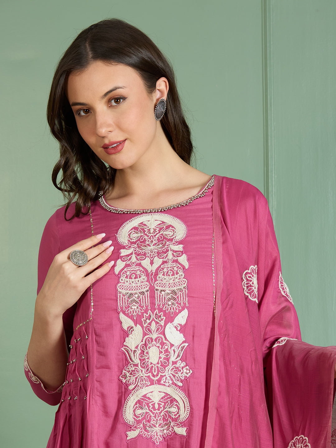 Solid Threadwork Embroidered A-Line Kurta with Pant & Dupatta - Pink