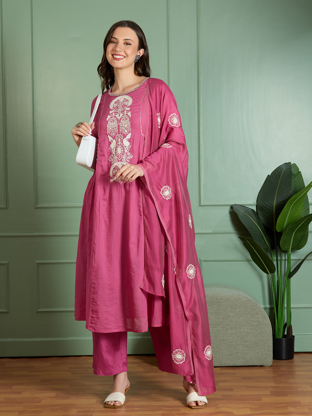 Solid Threadwork Embroidered A-Line Kurta with Pant & Dupatta - Pink