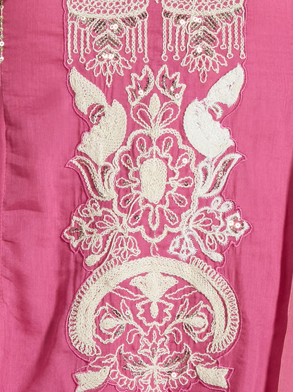 Solid Threadwork Embroidered A-Line Kurta with Pant & Dupatta - Pink