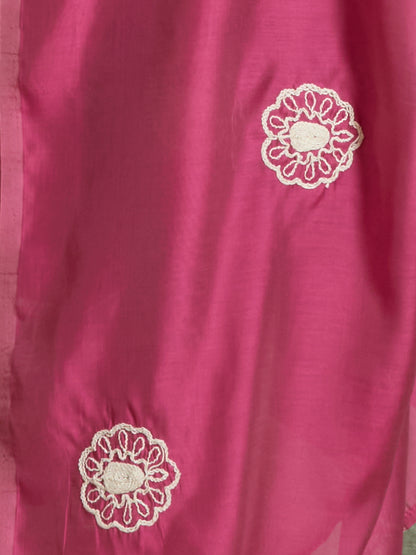 Solid Threadwork Embroidered A-Line Kurta with Pant & Dupatta - Pink