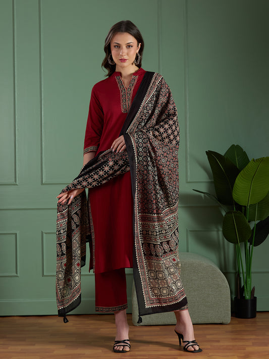Ethnic Embroidered Straight Fit Kurta with Palazzo and Ajrakh Printed Dupatta - Maroon