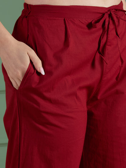 Ethnic Embroidered Straight Fit Kurta with Palazzo and Ajrakh Printed Dupatta - Maroon