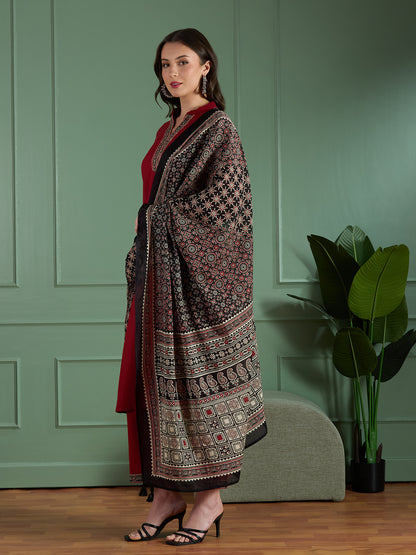 Ethnic Embroidered Straight Fit Kurta with Palazzo and Ajrakh Printed Dupatta - Maroon
