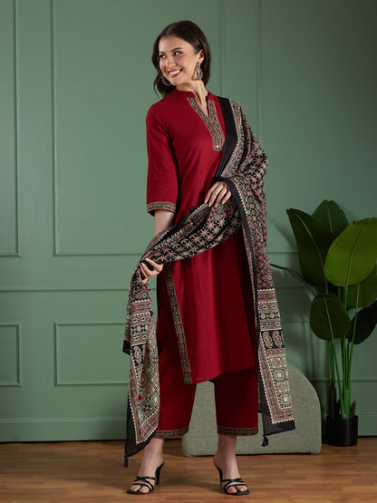 Ethnic Embroidered Straight Fit Kurta with Palazzo and Ajrakh Printed Dupatta - Maroon