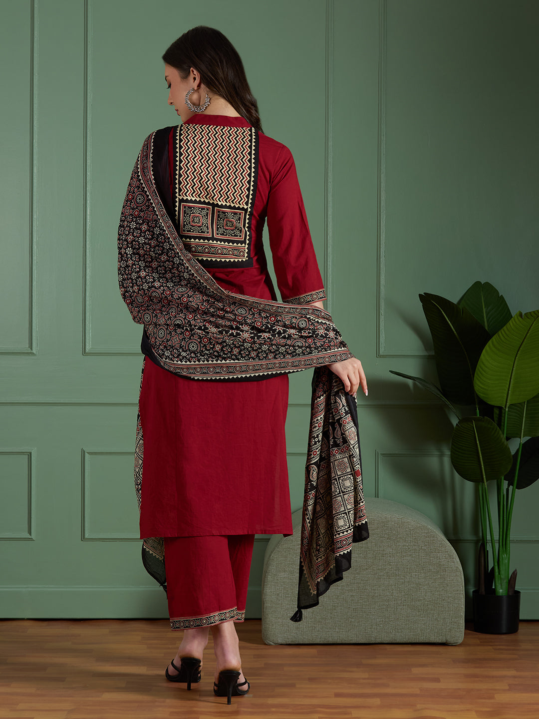 Ethnic Embroidered Straight Fit Kurta with Palazzo and Ajrakh Printed Dupatta - Maroon