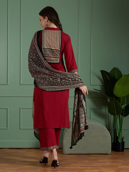 Ethnic Embroidered Straight Fit Kurta with Palazzo and Ajrakh Printed Dupatta - Maroon