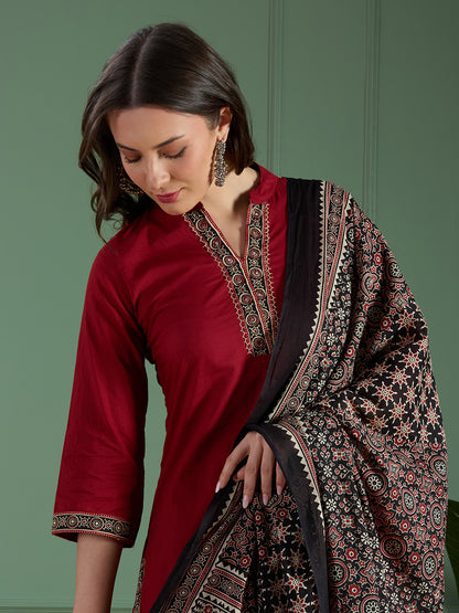 Ethnic Embroidered Straight Fit Kurta with Palazzo and Ajrakh Printed Dupatta - Maroon
