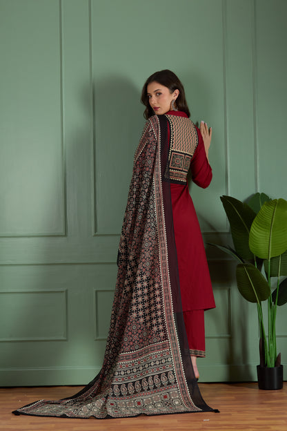 Ethnic Embroidered Straight Fit Kurta with Palazzo and Ajrakh Printed Dupatta - Maroon