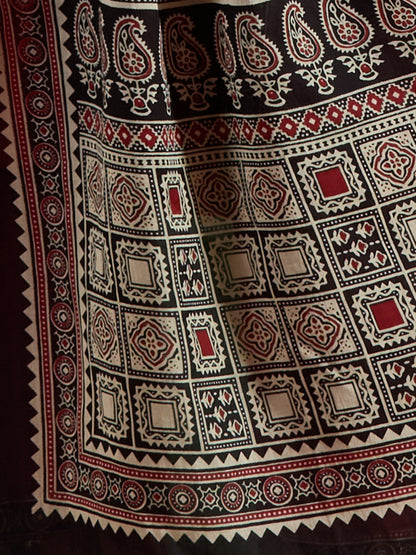 Ethnic Embroidered Straight Fit Kurta with Palazzo and Ajrakh Printed Dupatta - Maroon