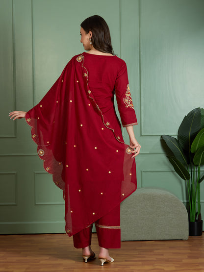 Solid Floral Threadwork Embroidered Straight Fit Kurta with Salwar and Dupatta - Maroon