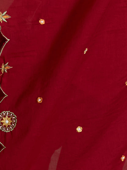 Solid Floral Threadwork Embroidered Straight Fit Kurta with Salwar and Dupatta - Maroon