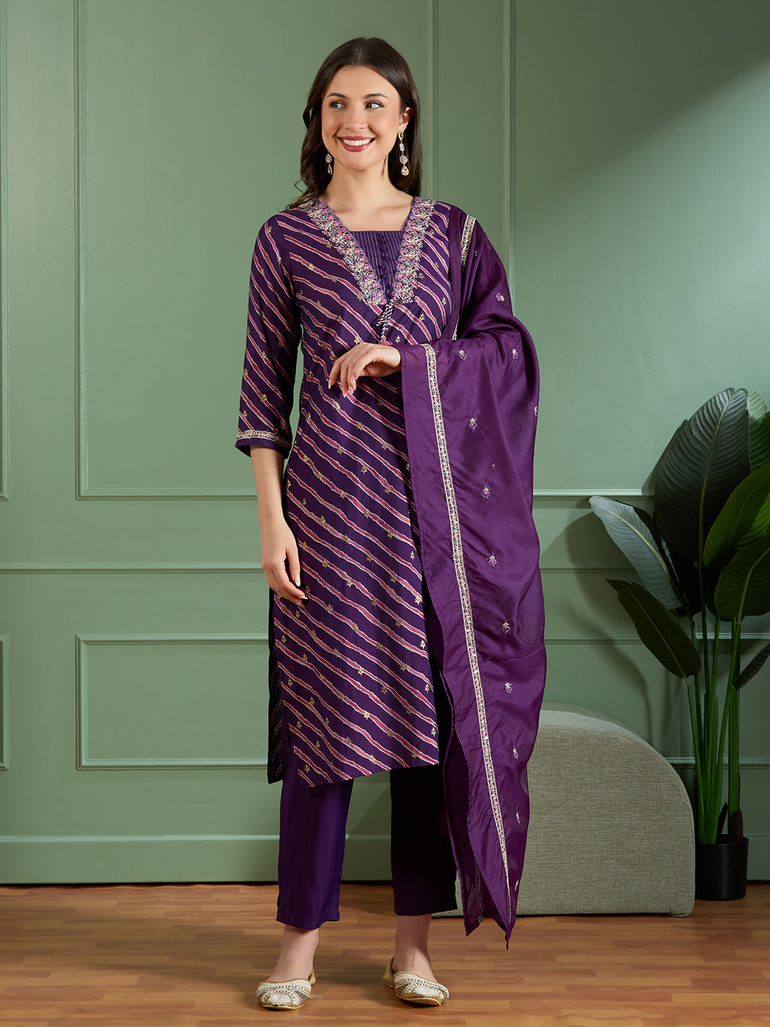 Leheriya Printed & Embroidered Straight Kurta with Pant & Dupatta - Purple
