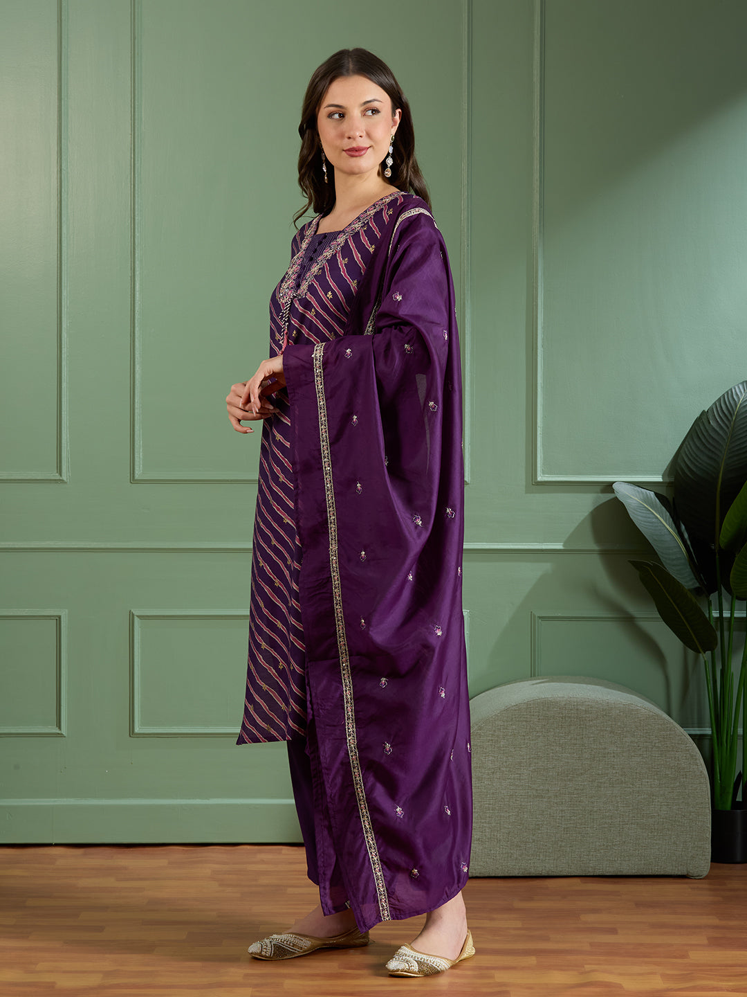 Leheriya Printed & Embroidered Straight Kurta with Pant & Dupatta - Purple