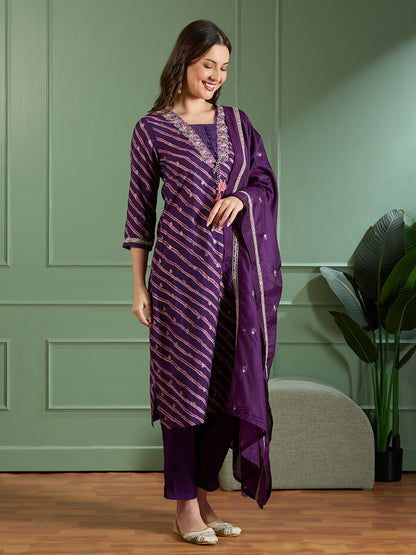 Leheriya Printed & Embroidered Straight Kurta with Pant & Dupatta - Purple