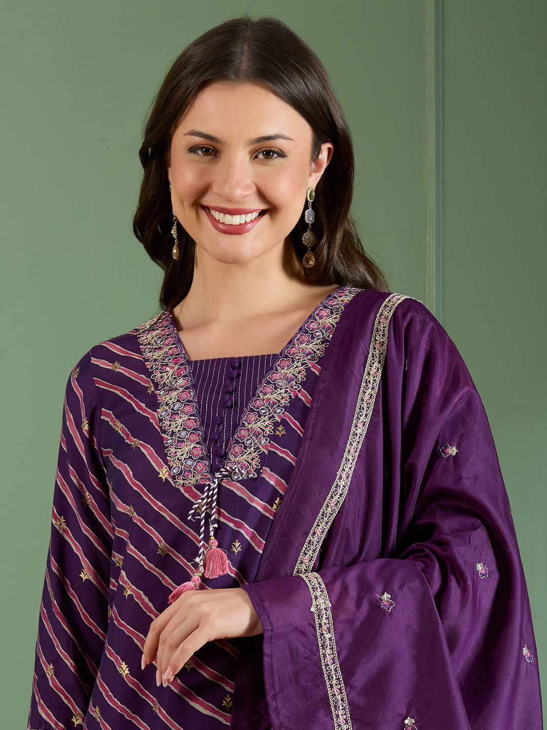 Leheriya Printed & Embroidered Straight Kurta with Pant & Dupatta - Purple