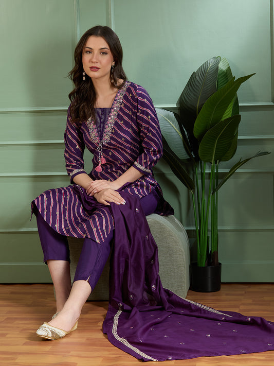 Leheriya Printed & Embroidered Straight Kurta with Pant & Dupatta - Purple