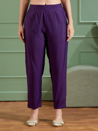 Leheriya Printed & Embroidered Straight Kurta with Pant & Dupatta - Purple