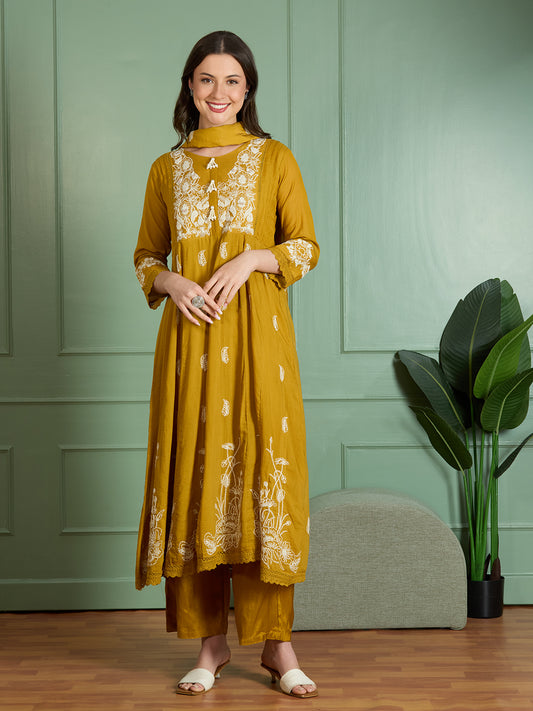 Solid Threadwork Embroidered A-Line Kurta with Pant & Dupatta - Mustard