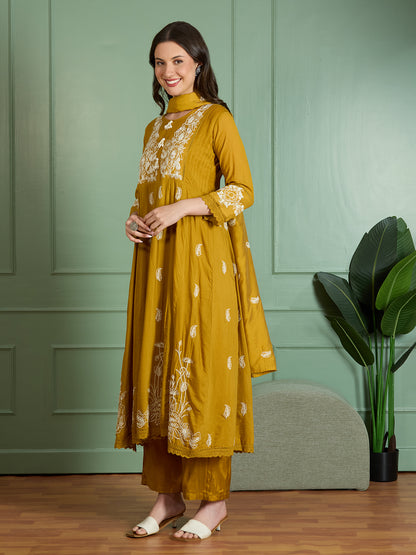 Solid Threadwork Embroidered A-Line Kurta with Pant & Dupatta - Mustard