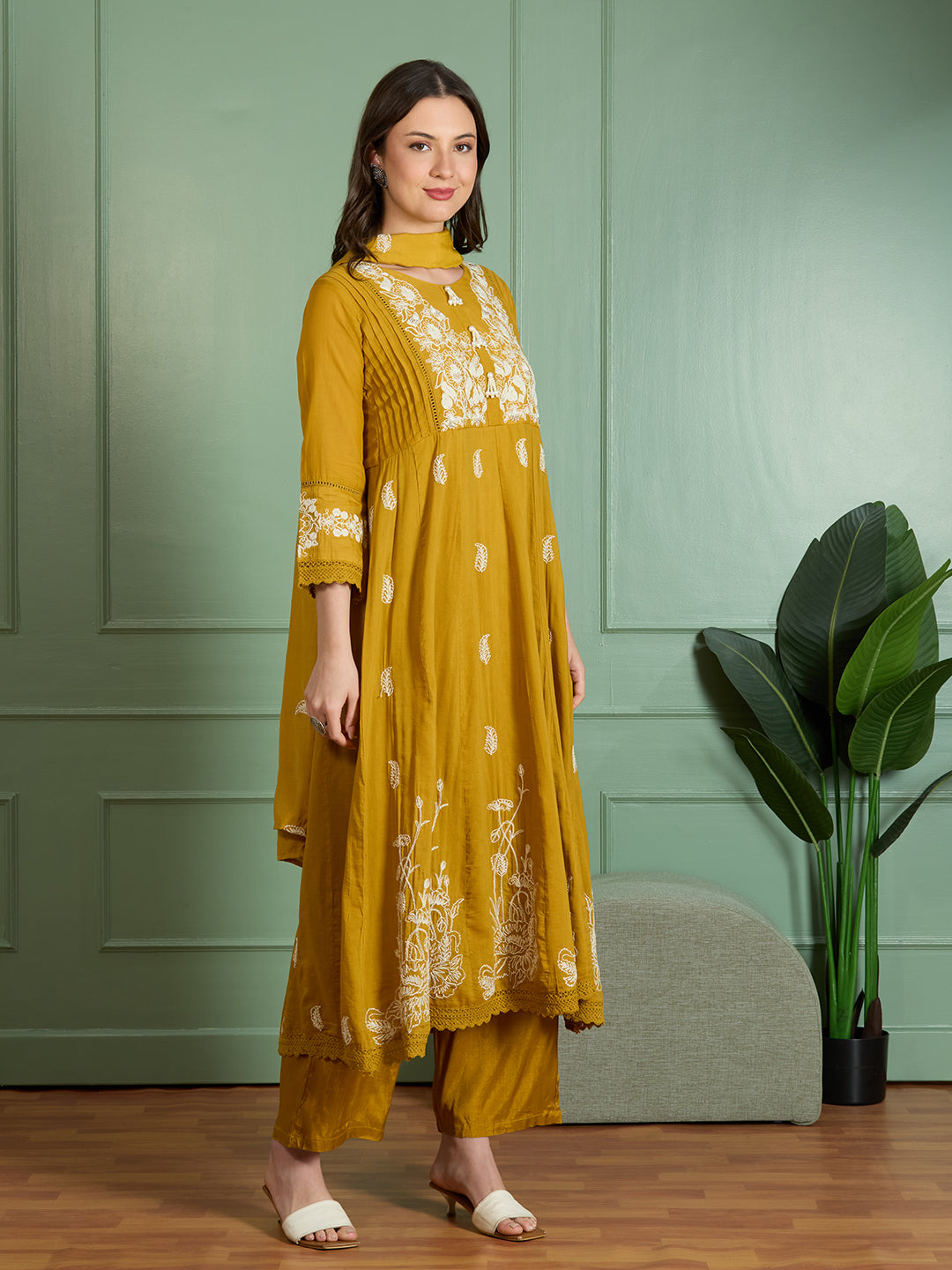 Solid Threadwork Embroidered A-Line Kurta with Pant & Dupatta - Mustard
