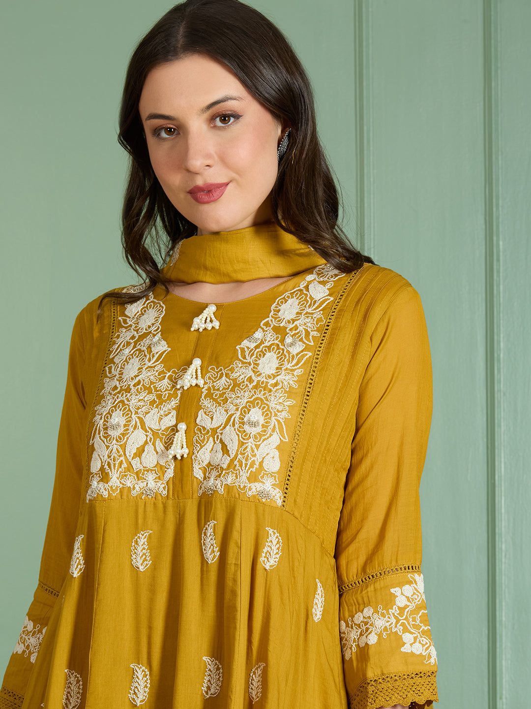 Solid Threadwork Embroidered A-Line Kurta with Pant & Dupatta - Mustard