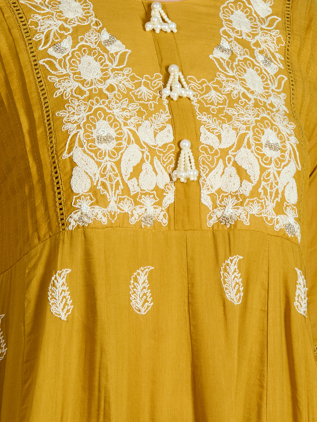 Solid Threadwork Embroidered A-Line Kurta with Pant & Dupatta - Mustard