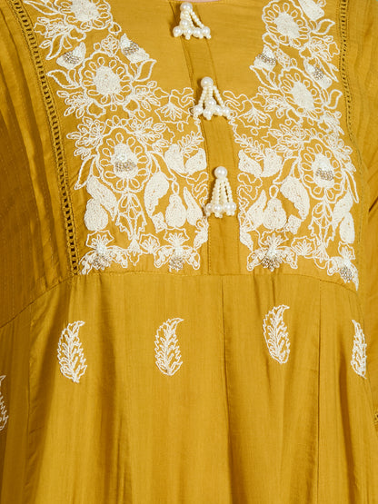 Solid Threadwork Embroidered A-Line Kurta with Pant & Dupatta - Mustard