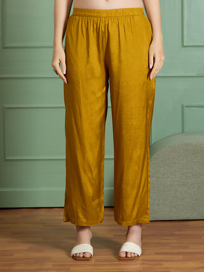 Solid Threadwork Embroidered A-Line Kurta with Pant & Dupatta - Mustard