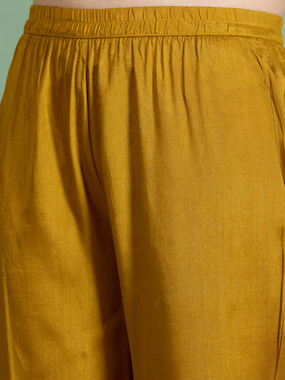 Solid Threadwork Embroidered A-Line Kurta with Pant & Dupatta - Mustard