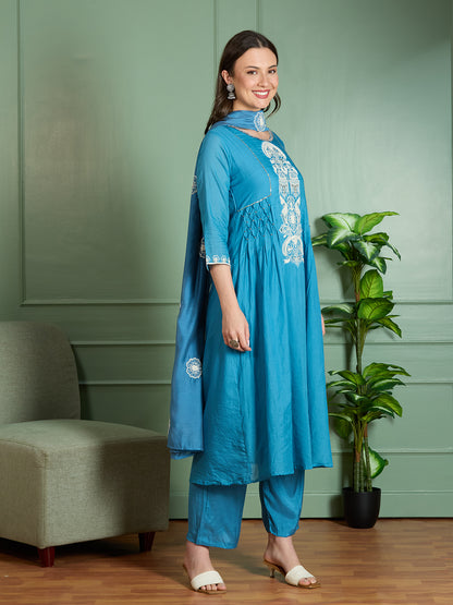 Solid Threadwork Embroidered A-Line Kurta with Pant & Dupatta - Blue