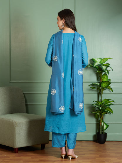 Solid Threadwork Embroidered A-Line Kurta with Pant & Dupatta - Blue