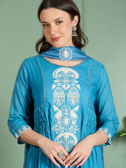 Solid Threadwork Embroidered A-Line Kurta with Pant & Dupatta - Blue