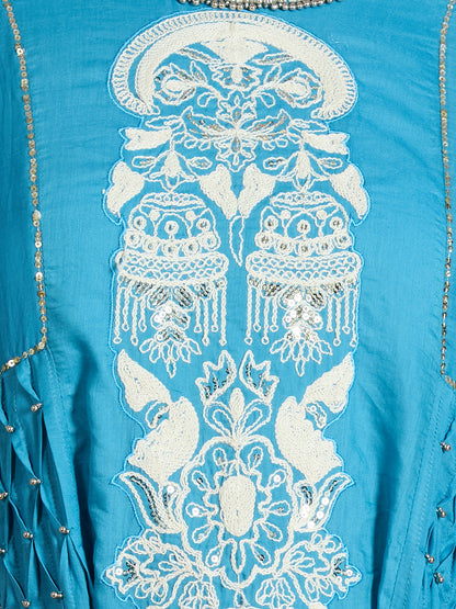Solid Threadwork Embroidered A-Line Kurta with Pant & Dupatta - Blue