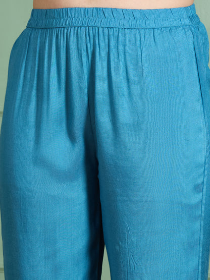 Solid Threadwork Embroidered A-Line Kurta with Pant & Dupatta - Blue