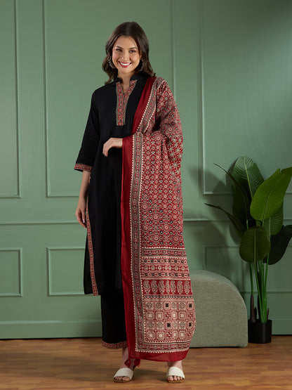 Ethnic Embroidered Straight Fit Kurta with Palazzo and Ajrakh Printed Dupatta - Black