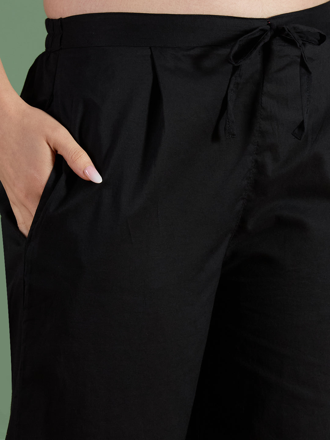 Ethnic Embroidered Straight Fit Kurta with Palazzo and Ajrakh Printed Dupatta - Black