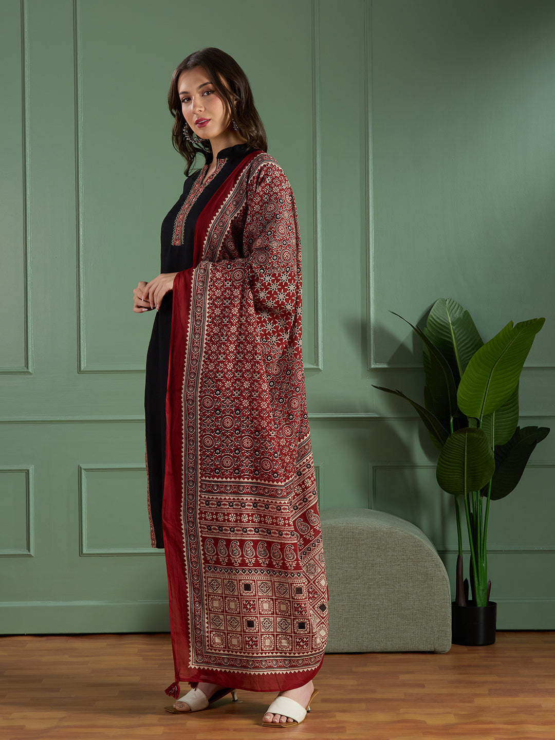 Ethnic Embroidered Straight Fit Kurta with Palazzo and Ajrakh Printed Dupatta - Black