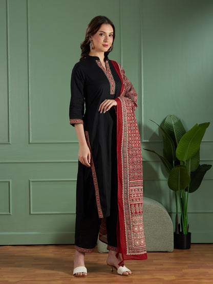 Ethnic Embroidered Straight Fit Kurta with Palazzo and Ajrakh Printed Dupatta - Black