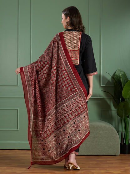 Ethnic Embroidered Straight Fit Kurta with Palazzo and Ajrakh Printed Dupatta - Black