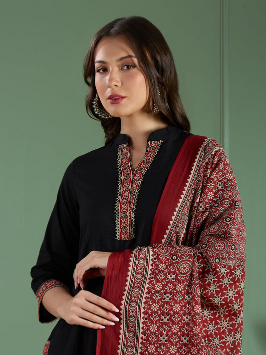 Ethnic Embroidered Straight Fit Kurta with Palazzo and Ajrakh Printed Dupatta - Black
