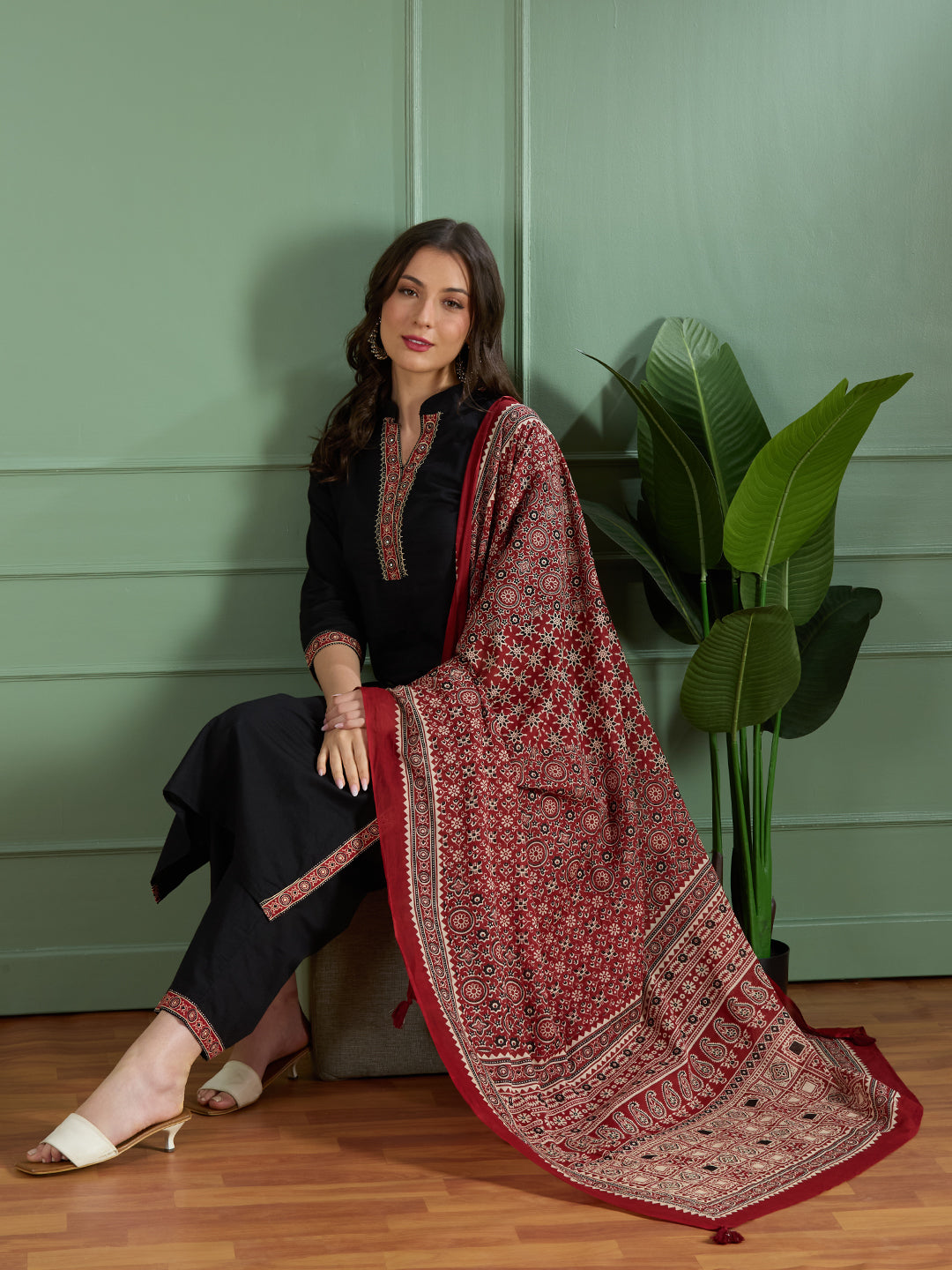 Ethnic Embroidered Straight Fit Kurta with Palazzo and Ajrakh Printed Dupatta - Black