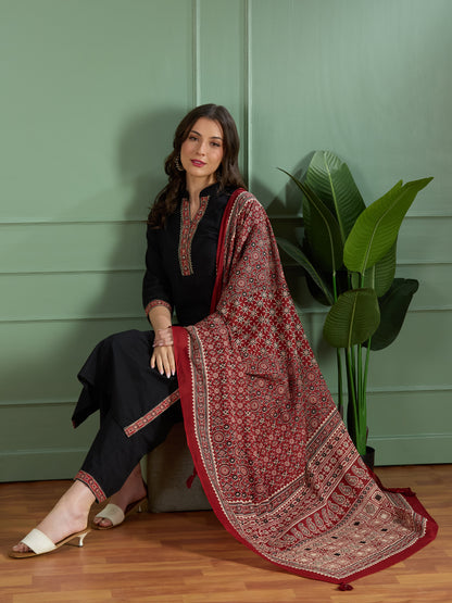 Ethnic Embroidered Straight Fit Kurta with Palazzo and Ajrakh Printed Dupatta - Black