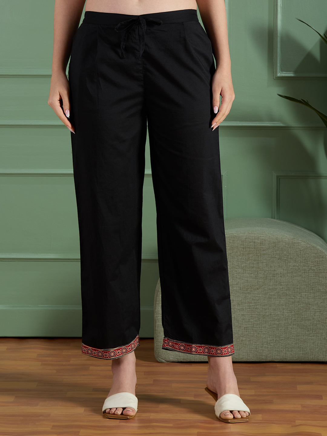 Ethnic Embroidered Straight Fit Kurta with Palazzo and Ajrakh Printed Dupatta - Black