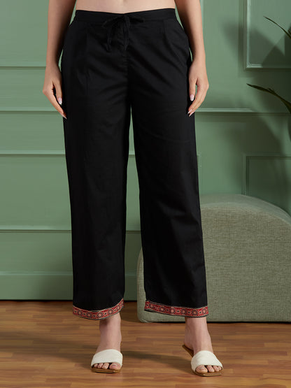 Ethnic Embroidered Straight Fit Kurta with Palazzo and Ajrakh Printed Dupatta - Black