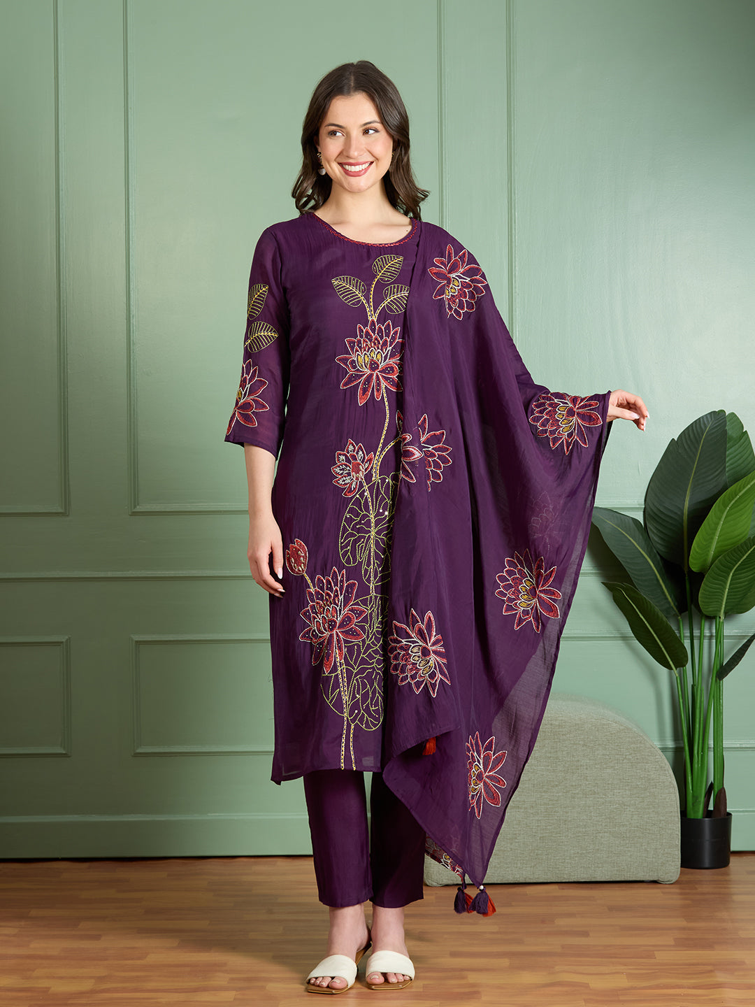 Festive Solid Abstract Floral Embroidered Straight Fit Kurta with Pant and Dupatta - Purple
